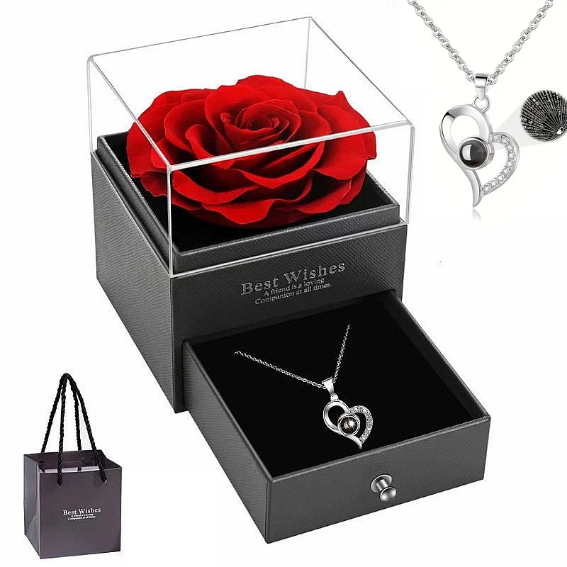 Amor Eterno em Rosa & Prata – Colar com Rosa Preservada na Caixa Luxo