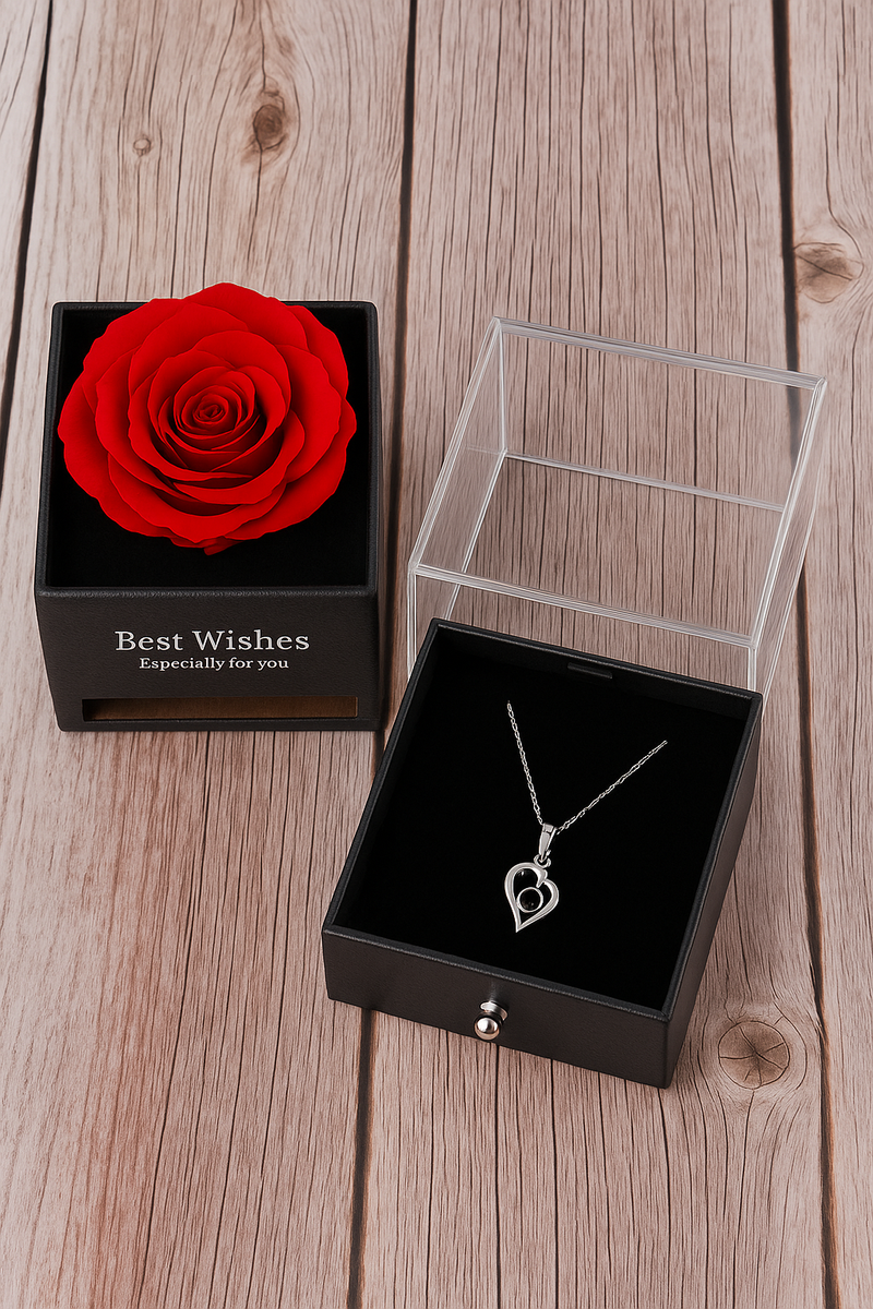 Amor Eterno em Rosa & Prata – Colar com Rosa Preservada na Caixa Luxo