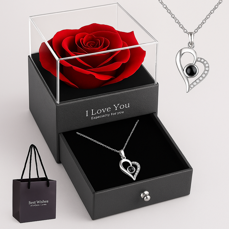 Amor Eterno em Rosa & Prata – Colar com Rosa Preservada na Caixa Luxo